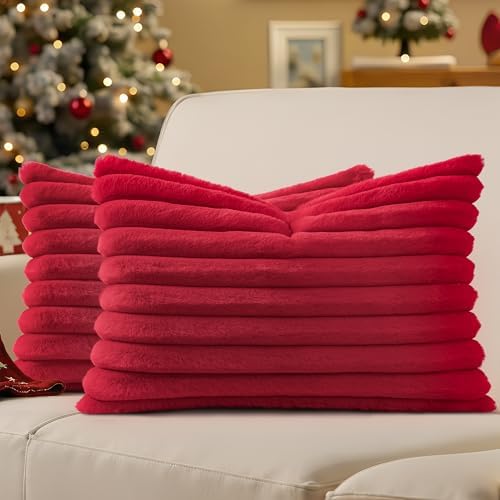 decorUhome Christmas Faux Fur Throw Pillow Covers 12X20 Set of 2 Red by decorUhome
