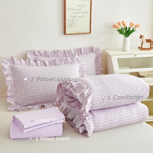 Purple Gingham King Bedding Sets 5 Pieces Ruffle Bed in a Bag - Image 7
