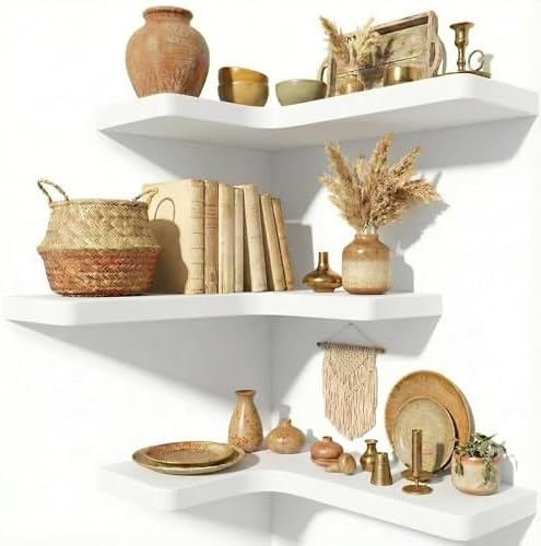 16 Inch Solid Wood Floating Corner Shelves, 3 Pack, Classic White by Unknown