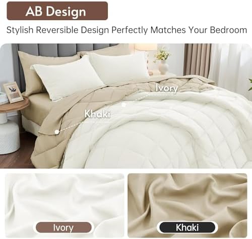 MUXHOMO Queen Comforter Set 7 Pieces, Reversible Bed in a Bag, Ivory/Khaki - Image 3