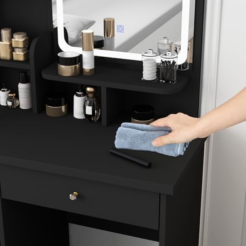 Vanity with Chair, Dressing Table with Lighted Rectangular Mirror, 5 Drawers - Image 3