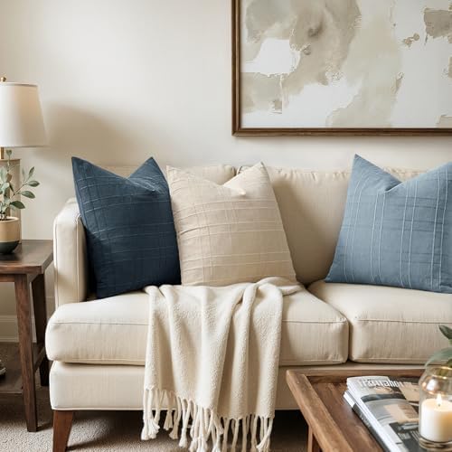 MIULEE Linen Plaid Pillow Covers Coastal Decorative 20x20 Dark Blue - Image 3