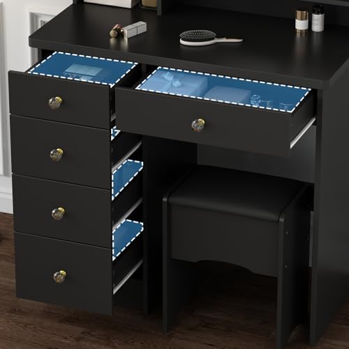 Vanity with Chair, Dressing Table with Lighted Round Mirror, 5 Drawers and - Image 5