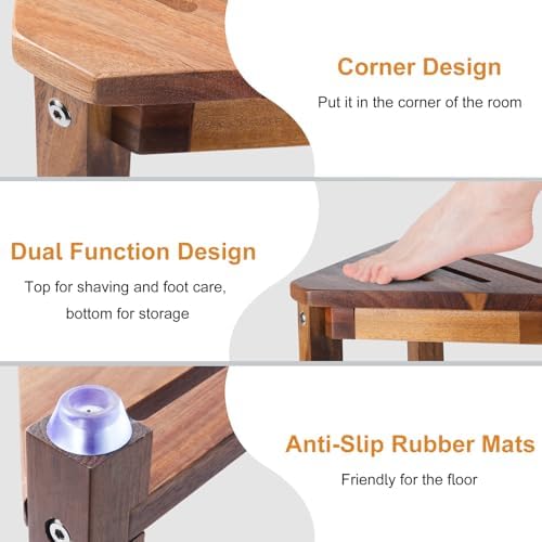 Shower Foot Rest 13.5in, Acacia Wood Shower Stool - Image 4