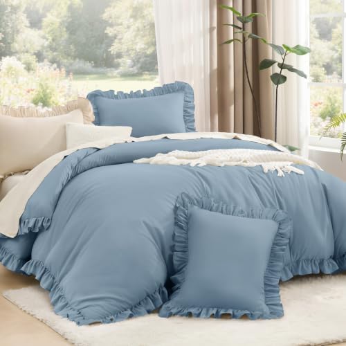 Litanika Full Comforter Set, 3 Pieces Grayish Blue Ruffle Bedding Set by Litanika