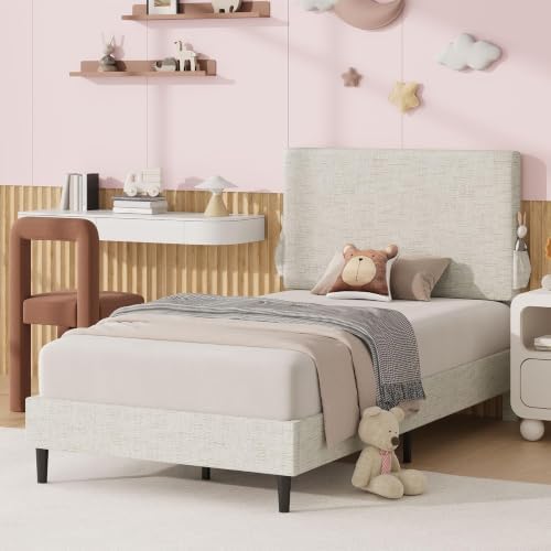 Twin Bed Frame with Chenille Headboard and Side Pockets by BarnFurin
