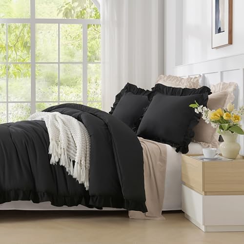 Andency Black Ruffle Comforter Twin XL, 2 Pieces Solid Farmhouse Bed - Image 5