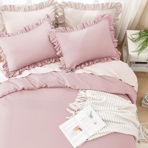 Litanika Full Comforter Set, 3 Pieces Grayish Pink Ruffle Bedding Set - Image 4