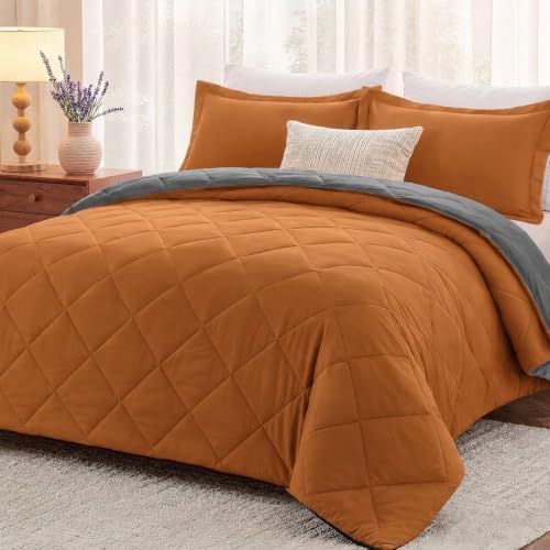 downluxe King Comforter Set Soft Reversible 3 Pieces, Burnt Orange/Grey by Downluxe
