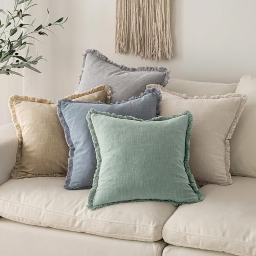MIULEE Linen Fringe Decorative Euro Throw Pillow Covers Aqua Green 22x22 - Image 5