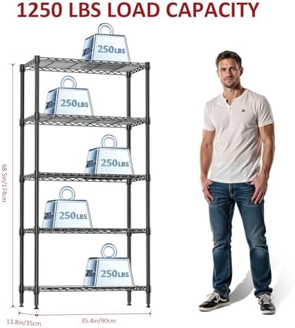 IZEUK 5 Tier Black Metal Storage Shelves, Heavy Duty Wire Shelving Rack - Image 3