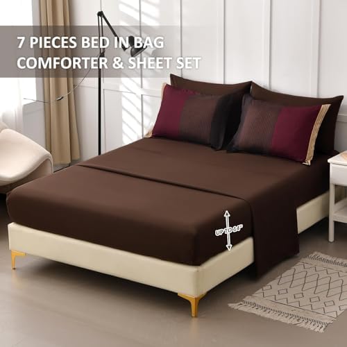 Anibedding Brown Red Comforter Set Full Size, Boho Burgundy Striped Bedding - Image 6
