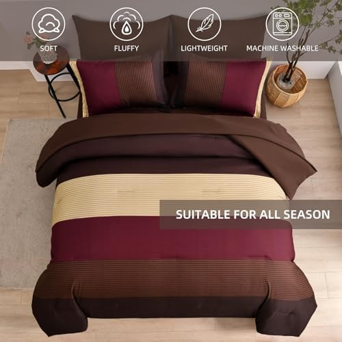 Anibedding Brown Red Comforter Set Full Size, Boho Burgundy Striped Bedding - Image 3