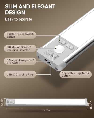 MCGOR 14.7inch Under Cabinet Lighting, Wireless Motion Sensor Light, 3 Pack - Image 3