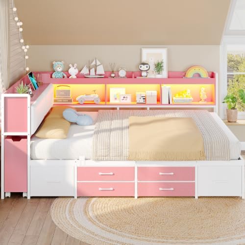 Corner Full Bed Frame with Pull-Out Cabinet/Bookcase/Headboad Storage - Image 2