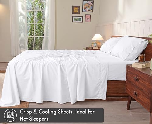 RUVANTI 100% Cotton Queen Sheets, Percale Queen Sheet Set, Bright White - Image 2