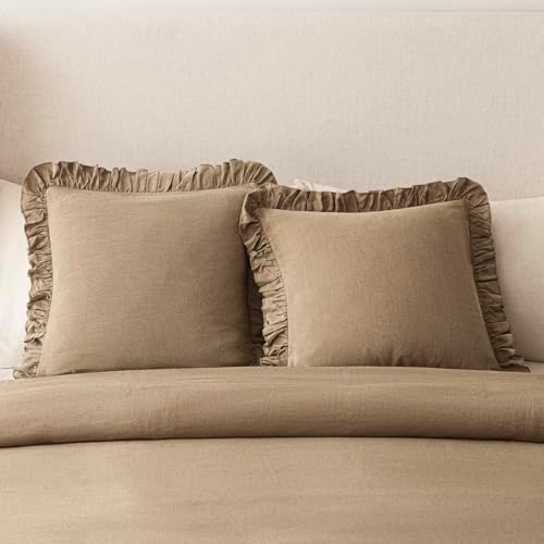 Foindtower Linen Fringe Ruffle Throw Pillow Covers 18×18 Inch Light Brown - Image 5