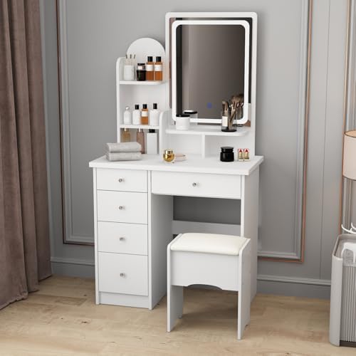 Vanity with Chair, Dressing Table with Lighted Rectangular Mirror, 5 Drawers by ROMSHINE