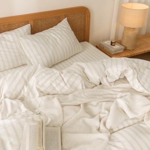 BESTOUCH Striped Cotton Duvet Cover Set Linen Feel Oversized Queen - Image 2