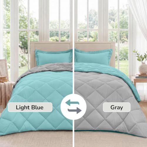 downluxe King Comforter Set Soft Reversible 3 Pieces, Light Blue/Gray - Image 2