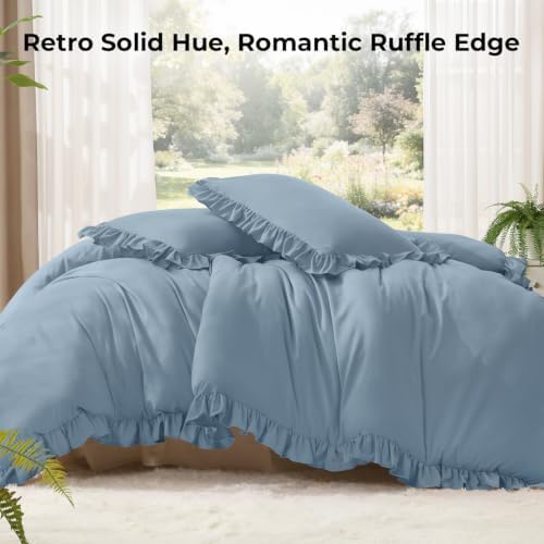 Litanika Full Comforter Set, 3 Pieces Grayish Blue Ruffle Bedding Set - Image 2