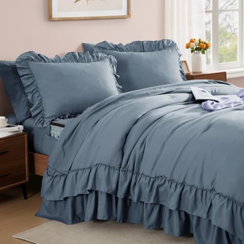 Full Size Comforter Set Flint Blue Ruffle 7 Pieces Bed in a Bag - Image 3