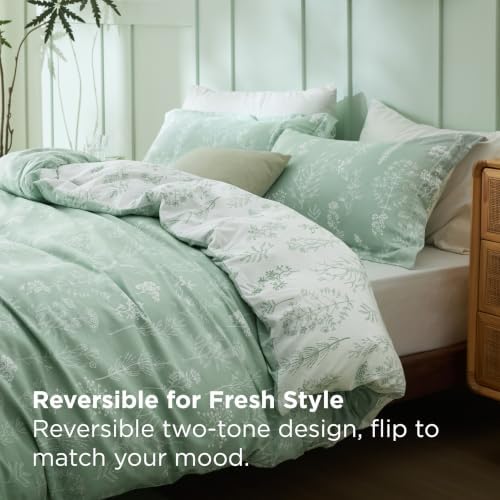 Bedsure Floral Comforter Set Cute Bedding Set Oversized Queen Sage Green - Image 2
