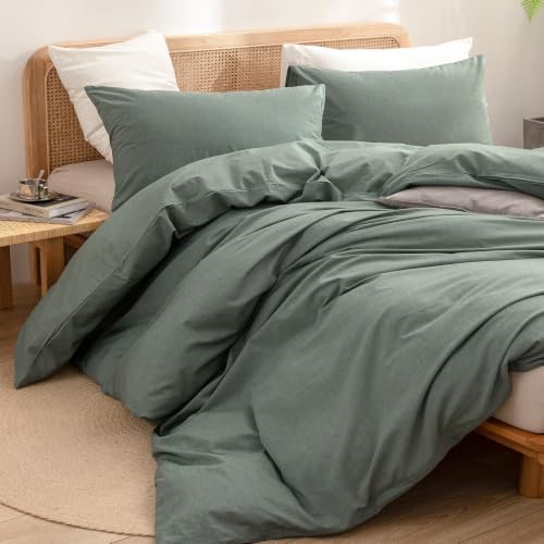 BESTOUCH Cotton Solid Duvet Cover Set Linen Feel Green Twin - Image 5