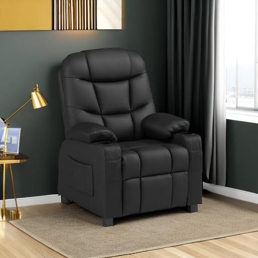Costzon Kids Recliner Chair with Cup Holder, Adjustable Leather Lounge Chair w/Footrest & Side Pockets for Children Boys Girls Room, Ergonomic Toddler Furniture Sofa, Kids Recliner (Black)