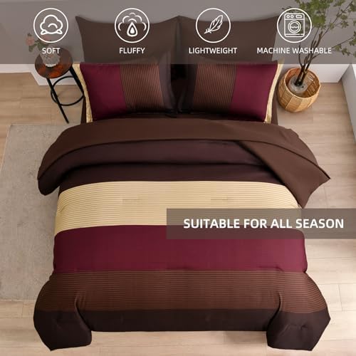 Anibedding Red and Brown Comforter Set King Size, Boho Burgundy Striped Bedding - Image 3