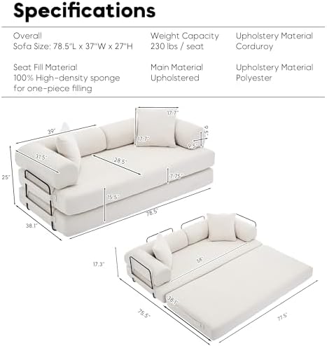 78" Convertible Futon Sofa Bed, Boneless Couches - Image 2