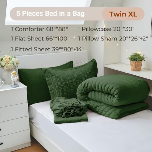 MUXHOMO Twin XL Comforter Set 5 Pieces, Seersucker Bed in a Bag, Dark Green - Image 4