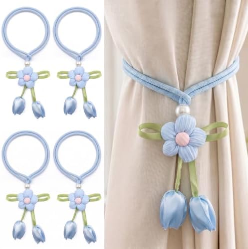 Floral Curtain Tiebacks, 4 Pack Adjustable Curtain Holdbacks, Dusty Blue by TAMHOO