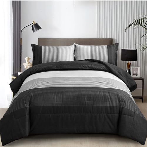 WONGS BEDDING Black Comforter Set Full, Reversible Black Grey Stripe Down by WONGSBEDDING
