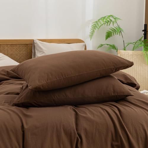 BESTOUCH Cotton Solid Duvet Cover Set Linen Feel Cocoa Brown Alaska King - Image 7