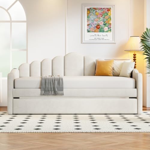 Upholstered Twin Daybed with Trundle, USB Ports Beige Velvet - Image 3