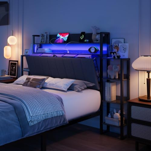 Full Size Upholstered Platform Bed Frame, Storage Headboard, LED Light - Image 7