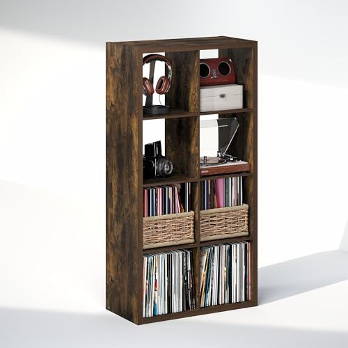 Furinno Cubicle Record Player Stand, 8-Cube Record Storage, Amber Pine - Image 4