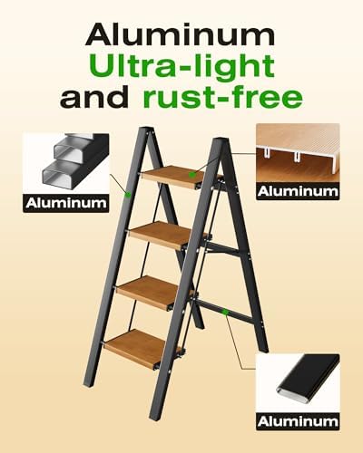 Taranta 4 Step Stool Foldable, Aluminum Step Ladder-BlackWoodgrain - Image 3