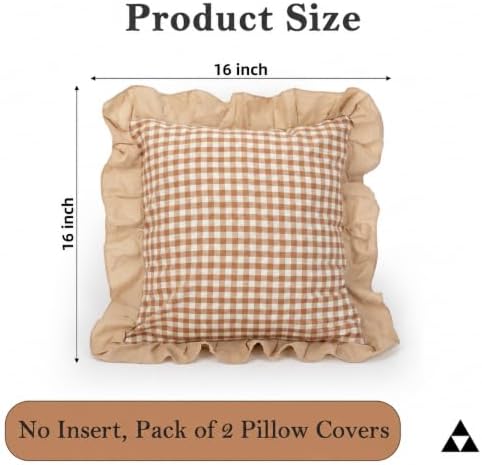 JoraLion Ruffled 16x16 Pillow Cover Gingham Khaki Solid Edge - Image 4
