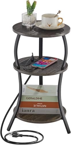 YEAKOO Small Side Table with Charging Station, 3-Tier Round end Table by YEAKOO