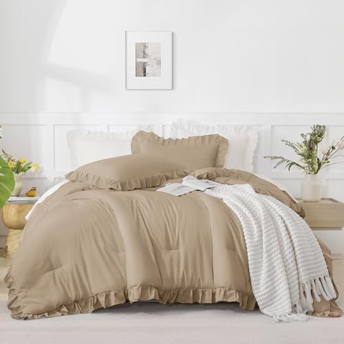 Andency Taupe Queen Comforter Set, 3 Pieces Farmhouse Shabby Chic Bedding - Image 2