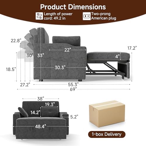3-in-1 Convertible Loveseat Sleeper Sofa Bed, Dark Gray - Image 2