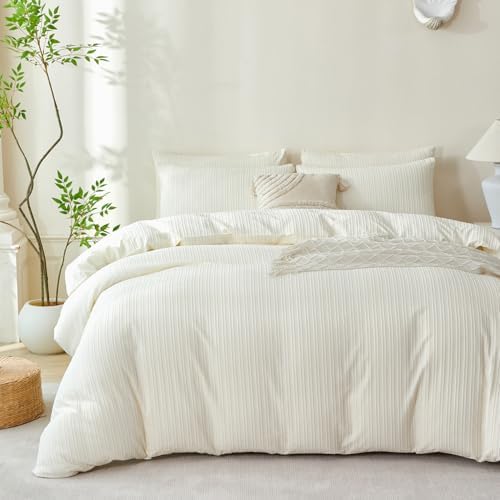 Queen Comforter Set Striped Beige 100% Soft Washed Microfiber Jacquard 3 Pieces - Image 7