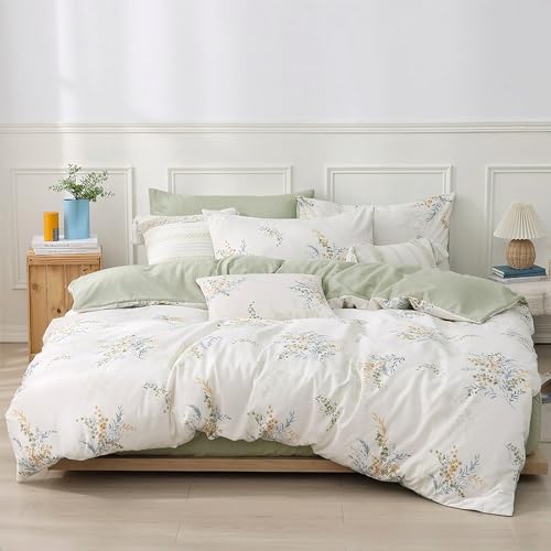 Off White & Sage Airy Botanical Cotton Comforter Set King Size 3PC by LEMIROEBEDDING