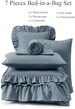 Full Size Comforter Set Flint Blue Ruffle 7 Pieces Bed in a Bag - Image 7