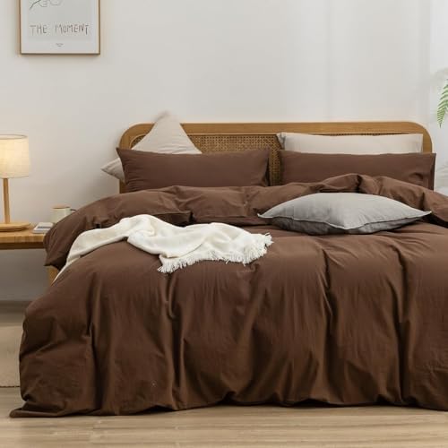 BESTOUCH Cotton Solid Duvet Cover Set Linen Feel Cocoa Brown Alaska King by BESTOUCH