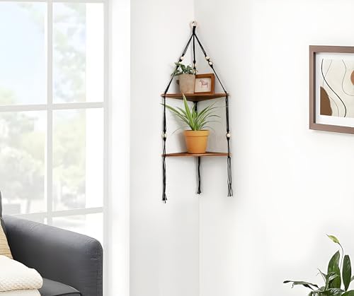 Artilady Macrame Hanging Corner Shelf Balck, Boho Wood Shelf Storage Decor - Image 5