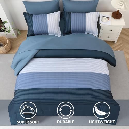 WONGS BEDDING Navy Blue Comforter Set Full, Reversible Blue Stripe Patchwork - Image 3