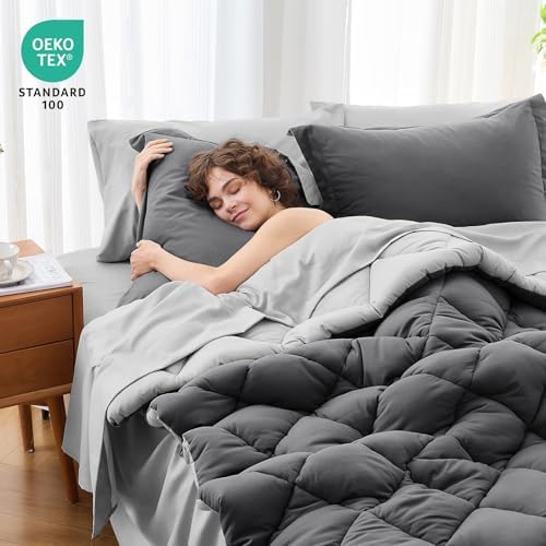 Full Comforter Set 7 Pieces, Reversible Bed in a Bag, Dark/Light Grey - Image 4